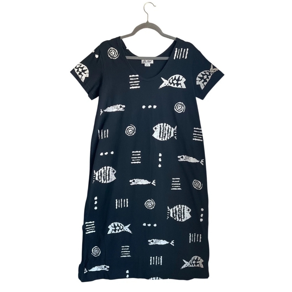 VTG M.Mac 90's Small P Black White Fish all Over Print Cotton Maxi Dress T-Shirt - Picture 2 of 14
